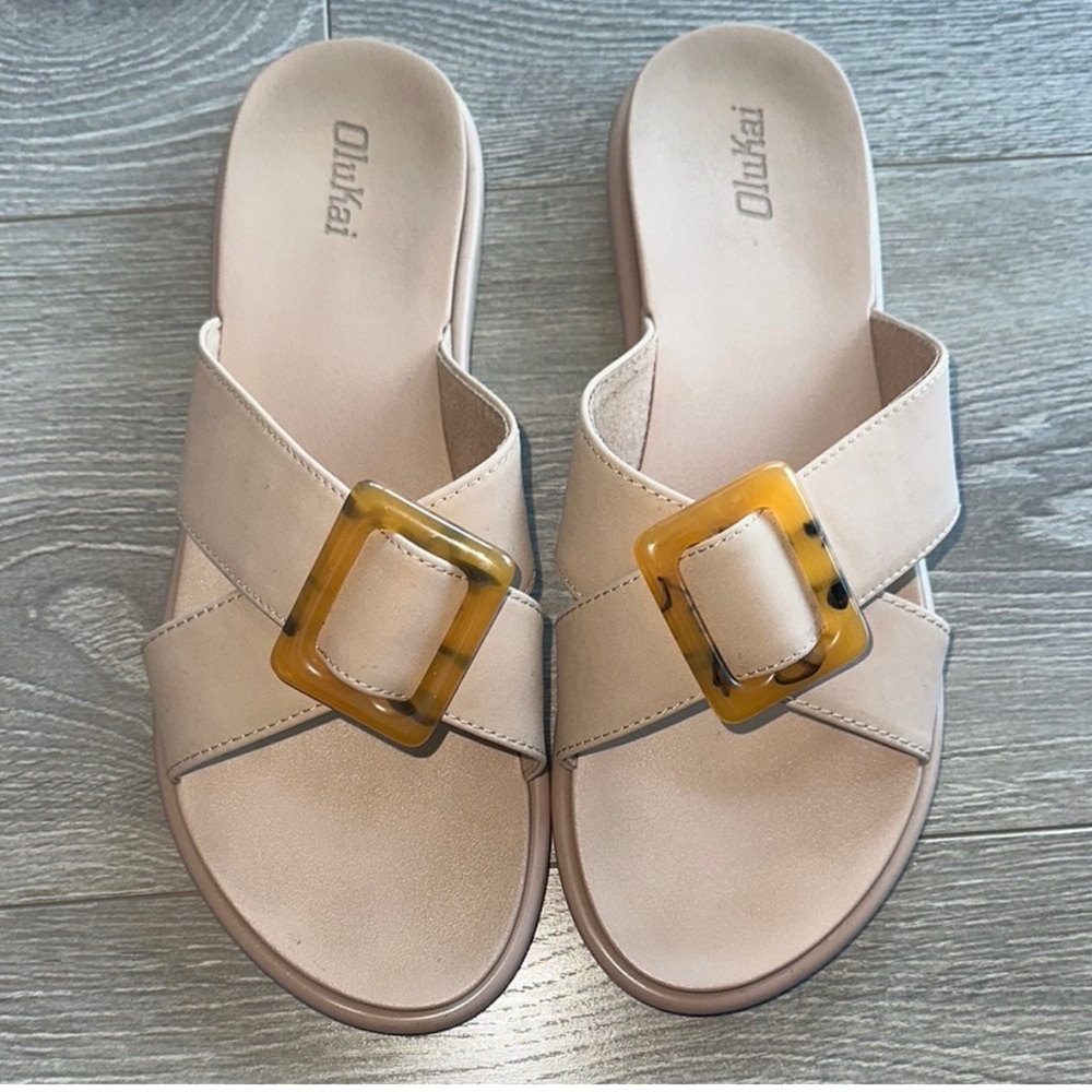 OluKai Women's Cream Slide Sandals with Tan Buckle